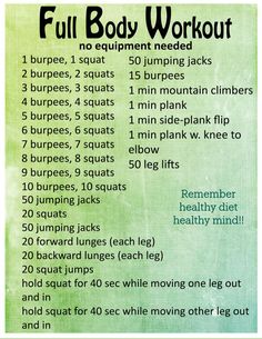 the full body workout list is shown in green and blue colors, with instructions on how to