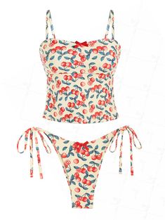 Seamolly Fruit Cherry Print Bow Decor Cinched Back Tie Side Tankini Set Strawberry Bathing Suit, Pretty Bathing Suits, Trendy Tankini, Cute Tankinis, Bright Swimsuit, Swimsuit Inspo, Floral Swimwear, Neon Bikinis, Tankini Swimsuits For Women