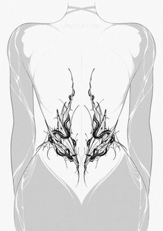 the back of a woman's torso with her hands on her hips, and two wings