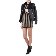 Black and gold wool-blend stripe knit dress. High neck. Long sleeves. Centre back zip fastening. Black and gold stripes. Mini length. Material : 74% Wool, 17% Polyester, 9% Lurex Dry clean Made in Italy