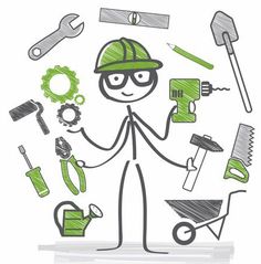 a man with tools in his hands is surrounded by green and gray doodles