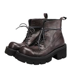 These Stylish Round-Toe Lace-Up Vintage Leather Boots for Women blend classic retro and preppy style. the smooth, supple cowhide leather upper provides a soft and luxurious feel. available in two standout colors—vibrant red for a bold statement and understated gray for a subtle look—these boots pair perfectly with jeans or fall dresses, making them a versatile choice for any wardrobe. whether for a preppy look or everyday commuting, these boots offer a timeless design that effortlessly enhances Edgy Leather Lace-up Boots Medium Width, Winter Leather Lace-up Boots With Rivets, Casual Red Lace-up Winter Boots, Red Leather Boots With Zipper Closure, Red Leather Lace-up Boots With Round Toe, Vintage Leather Boots, Leather Boots For Women, Women In Red, Ankle Boots For Women