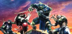 the teenage mutant ninjas are standing on top of a building with swords in their hands