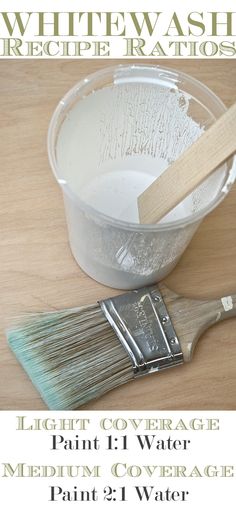 there is a paint brush next to a white bowl with the words, light cover age paint 1 water medium coverage paint 2 water