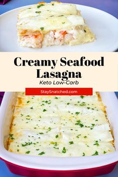 creamy seafood lasagna in a red casserole dish with text overlay