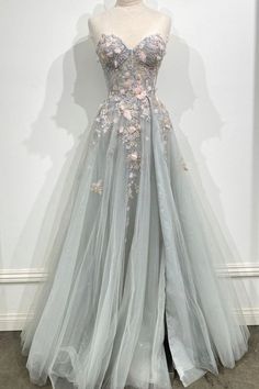 Gray Strapless Lace Long A Line Prom Gown Prom Dress Garden Theme, Prom Dresses Flowers Lace, Prom Dresses Enchanted Forest, Prom Gown Elegant For Teens, Enchanted Prom Dress, Fairytale Prom Dress, Gown Graduation, Prom Dresses Tulle, Dress For Teens