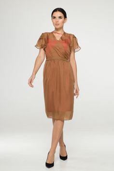 "A sheer chiffon see through dress featuring v-neckline, short butterfly sleeves, and a midi length. - Wrap tie closure - Trapeze silhouette - V-neck - Knee length (midi) - short sleeves - Color: caramel brown - Layering garments not included (black dress you can see here: https://www.etsy.com/listing/741956358/black-camisole-slip-lace-dress-cocktail?ref=shop_home_active_5&pro=1&frs=1) Fiber: chiffon Estimated shipping time: 10-12 business days For size S:dress length- 42,0 \" (107 cm) O Summer V-neck Chiffon Dress For Wedding Guest, Evening Midi Dress With Sheer Sleeves And V-neck, Fitted Sheer Chiffon Summer Dress, Elegant Summer Chiffon Dress For Wedding Guest, Summer Fitted Chiffon Dress For Wedding Guest, Fitted Chiffon Dress For Summer Wedding Guest, Fitted Sheer V-neck Chiffon Dress, Summer Evening V-neck Chiffon Dress, Chic V-neck Chiffon Cocktail Dress