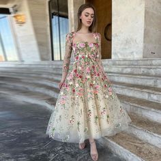 Garden Embroidery Short Evening Dress with Jacket Ankle Length Midi Formal Party Gowns for Women Wedding Guest – DreamyVow Floral Tulle Prom Dress, Bride Party Dress, Tulle Prom Dress Long, Short Evening Dress, Garden Embroidery, Dress With Jacket, Chic Gowns, Long Sleeve Prom, Evening Dresses Short