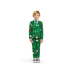 Does your little one want to look cool and stand out this holiday season? Look no further than this boys Festivity green Christmas tree gift-wrap paper print suit set. Does your little one want to look cool and stand out this holiday season? Look no further than this boys Festivity green Christmas tree gift-wrap paper print suit set. FEATURES Set includes: jacket, pants & tie Jacket: button front, long sleeves, 3 functional front pockets (1 inside pocket and 2 outer) Pants: elastic waistband with button and zipper fly closure, 2 side pocketsFABRIC & CARE Polyester Machine wash Imported Size: 8. Gender: male. Age Group: kids. Casual Green Christmas Sets, Casual Green Holiday Sets, Holiday Green Long Sleeve Sets, Winter Party Green Suit, Green Winter Party Suit, Festive Green Long Sleeve Suit, Green Christmas Holiday Sets, Green Holiday Sets For Winter Season, Green Holiday Sets For Winter