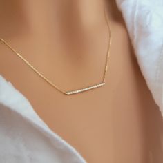 14k Gold Diamond Bar Necklace, Pave Diamond Bar Necklace, Women Necklace, Diamond Pendant, 14k Diamond Line Choker, Minimalist Fine Pendant  Details:  - Gold Purity: 14K - Available Gold Color: Rose Gold, Yellow Gold, White Gold - Gold Bar length: 20MM - Number of Diamonds : 17  - Total CTW: 0.11  - Diamond Color-Clarity: G Color / SI Clarity - Chain Style: Cable  21 - Day Return Policy Free US Insured Shipping **Return & Exchange Policy** We want you to be completely satisfied with your purchas Minimalist Diamond Necklace With Cable Chain, Minimalist Yellow Gold Bar Necklace With Cable Chain, Classic Everyday 14k Gold Bar Necklace, Minimalist Bar Necklace With Delicate Chain For Formal Occasions, Formal Minimalist Bar Necklace With Delicate Chain, Minimalist 14k Yellow Gold Bar Necklace, Minimalist White Gold Bar Necklace For Anniversary, Minimalist Yellow Gold Bar Necklace For Formal Occasions, Delicate Everyday Yellow Gold Bar Necklace