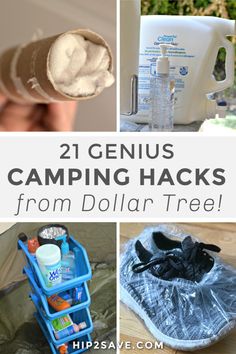 collage of camping hacks from dollar tree