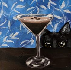 a painting of a black cat looking at a martini glass with a chocolate drink in it