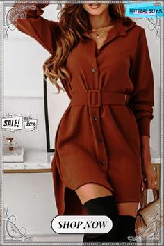 Casual Elegant Solid Buckle with Belt Turndown Collar Shirt Dress Dresses Fitted Belted Shirt Dress For Fall, Belted Fitted Shirt Dress For Fall, Solid Color Mini Dress For Work In Winter, Winter Workwear Mini Dress In Solid Color, Non-stretch Collared Dress For Fall, Fitted Solid Color Shirt Dress For Fall, Button-up Dress For Workwear, Knee-length Solid Color Mini Dress For Fall, Solid Color Knee-length Mini Dress For Fall