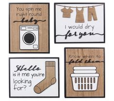 four wooden signs with clothes and laundry hanging on the clothesline, one saying you spin me right round i would dry for beginners to know when looking for?