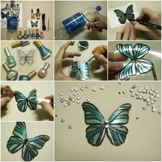 there are many pictures of different things made out of glass and plastic bottles with butterflies on them