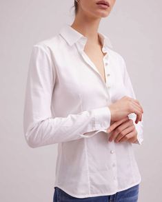 White Long Sleeve Micro Stripe Shirt: Women's Luxury Shirts | Anne Fontaine Luxury Shirts, White Shirt Blouse, Stripe Shirt, Fall Coat, Shirt Button, Pearl Buttons, White Shirts, Polished Look, Classic White