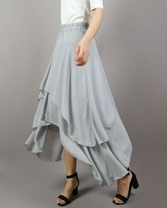 * A beautiful chiffon skirt, have 3 layers, two layers chiffon and one layer lining, not sheer at all. * Quality pearl chiffon fabric, soft, breathing and easy care. * Asymmetrical hem, it moves very beautifully when you walk. * Support 7 days return to get full refund on item without any reason. * Can custom size and colors, lead time is 6-8 days; * Let us know your usual size in your country and your overall height. * If you have some specific request or special characters such as broad should Chic Flowy Maxi Skirt With Layered Hem, Elegant Gathered Skirt With Asymmetrical Hem, Flowy Maxi Skirt With Layered Hem, Asymmetrical Hem Draped Skirt For Party, Draped Skirt With Asymmetrical Hem For Party, Asymmetrical Hem Draped Party Skirt, Asymmetrical Relaxed Maxi Skirt With Elastic Waistband, Asymmetrical Pleated Draped Skirt, Asymmetrical Maxi Skirt With Elastic Waistband