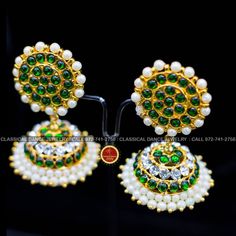 Design by Classical Dance Jewelry®  ❥ Colorful and Designer traditional big pearl green top and normal green and white stone butta or jhumka Kemp temple Indian Jewelry Earrings in Red, Green stones combo ❥ Model no: GREEN KEMP BIG TOP AND BUTTA ❥ Age : 5 yrs and up ❥ You Can wear this set especially for Bharatnatyam And Kuchipudi Dance Performances and in Parties, Engagement, Weddings, Birthdays. ❥ Handmade Indian Item.  Set includes     ☛  Earrings pair ❇️  Imitation Jewelry by nature is little Green Stone Work Chandbalis For Celebration, Green Stone Work Jhumkas For Celebration, Green Chandbalis With Latkans For Celebration, Green Stone Work Temple Jewelry Earrings, Green Chandbalis With Cutdana, Green Cutdana Chandbalis For Diwali, Green Cutdana Chandbalis, Green Kundan Chandbalis For Festivals, Festive Green Kundan Chandbalis