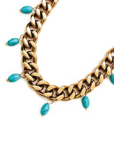 This beautiful gold chain bracelet will become a staple in your life. The chain keeps it sleek and stylish while the turquoise bead charms give it a fun and trendy look! Length: 6.5" + 0.5" extender chain Waterproof Tarnish resistant 18K Gold plated stainless steel Hypoallergenic Trendy Beaded Chain Bracelet, Trendy Turquoise Beaded Chain Jewelry, Turquoise Bohemian Beaded Chain Jewelry, Bohemian Turquoise Beaded Chain Jewelry, Luxury Gold-tone Bracelet With Chunky Chain, Beaded Chain Bracelet, Luxury Gold-tone Statement Chain Bracelet, Turquoise Gold-plated Necklace With Adjustable Chain, Gold Chain Bracelet