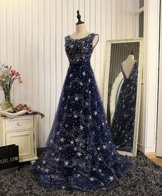 Blue Beaded Sequins Long Prom Dress Night Sky Dress Quinceanera, Blue Dress Formal, Blue Evening Dresses, Blue Tulle, فستان سهرة, Beauty Dress, Prom Dresses Blue, Formal Dresses Prom, Party Dress Long