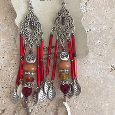 Hand-Crafted Tribal Chandelier Silver And Red Earrings. Japanese Crystals And Agate. 4.5” Length And One-Of-Kind Design. Chandelier Silver, Earrings Japanese, Red Earrings, Earrings Color, Chandelier Earrings, Jewelry Ideas, Dream Catcher, Agate, Hand Crafted