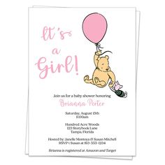 a baby shower is shown with a bear holding a balloon and the words, it's a girl