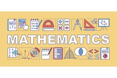 the words math are written in different colors and shapes on a yellow background with icons