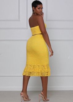 This skirt set is everything you need this summer. From day party to vacation this is great for every occasion. This skirt set comes fully lined in a midi length featuring a bright yellow lace material, mermaid design and matching bandeaux top. Team with a transparent high heel and bag for a complete look. Model wearing size medium Fits true to size for most 90% Nylon 10% Spandex Midi Skirt Set, Mermaid Design, Lace Bandeau, Lace Material, Yellow Lace, Day Party, Bandeau Top, Bright Yellow, Need This