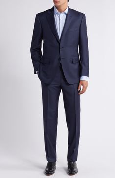 Classic and smart, this wool suit styled in a dark solid features traditional detailing that makes it a versatile addition to any formal wardrobe. 31 1/2" length (size 52EU) Jacket has notched lapels; chest pocket; flap pockets; side vents Cuff buttons may not be attached. Jackets purchased at full price can have the sleeve length customized for free at your local Nordstrom Trousers have zip fly; slant pockets; back button-welt pockets Unhemmed Jacket is lined; pants partially lined 100% wool Dr Double Breasted Suit With Welt Pockets And Suiting Fabric, Semi-formal Suit With Welt Pockets And Suit Collar, Semi-formal Suit With Welt Pockets, Semi-formal Three-piece Suit With Notch Lapel And Welt Pockets, Double Breasted Suit With Welt Pockets In Suiting Fabric, Tailored Three-piece Business Suit With Lapel Collar, Tailored Three-piece Suit With Lapel Collar For Business, Tailored Semi-formal Suit With Lapel Collar, Double Breasted Suit With Welt Pockets And Suit Collar