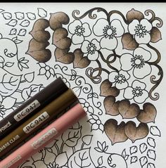 three crayon pencils sitting on top of a coloring page with flowers and leaves