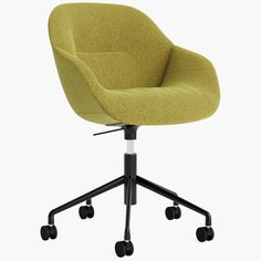 a green office chair with wheels and casteors on an isolated white background, viewed from the front