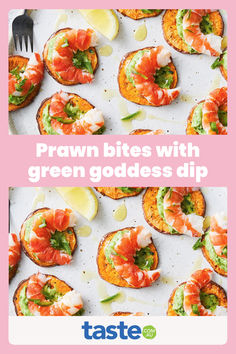 an image of breads with green goddess dip and shrimp on them, text reads prawn bites with green goddess dip