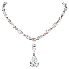 A sensual and dazzling combinations of natural intense pink diamonds with white marquise and pear shapes enables this stunning necklace to create all the drama in its simplicity. The over sized 6.05 ct Pear Shape center takes the neckpiece an extra mile in delivering the oomph effect. Diamonds Shapes: Pear Shape, Marquise & Round Center Solitaire: 6.05 ct Pear Shape G Color VS2 Clarity (IGI 470112965) Total Diamonds Weight: 17.76 ct Diamonds Color: F - G, Fancy - Intense Pink Diamonds Clarity: V Bedroom Ideas Lights, Harry Winston Diamond Necklace, Diamonds Shapes, Harry Winston Diamond, Pear Shapes, Lamps Ideas, Fine Necklace, Dope Jewelry Accessories, Creative Necklace