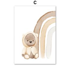 a watercolor drawing of a teddy bear next to a rainbow with the letter c on it