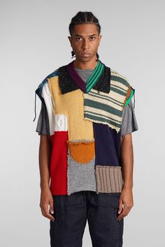 Nabil Vest in multicolor wool, V neck, sleeveless, patchwork design, Every single item is unique and different from the others, 40% acrylic 40% wool 20% alpaca , Made in Italy, Model is 183 cm and wears size L Colorful Vest Men, Mens Patchwork Vest, Patchwork Menswear, Casual Patchwork Sleeveless Sweater Vest, Multicolor Patchwork Sleeveless Vest, Rick Owens Jacket, Herno Jacket, Red Valentino Shoes, Shopping Places