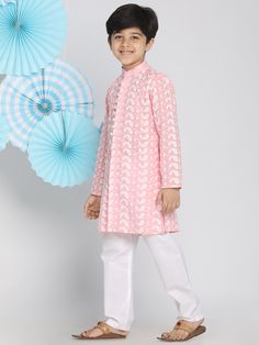 VASTRAMAY Pink Pure Cotton Kurta Chikankari Pyjama Baap Beta Set A stunning addition to your ethnic wardrobe, this pink pure cotton kurta set with intricate chikankari work is perfect for special occasions. Key Features: Color: Pink Fabric: Pure Cotton Design: Chikankari Set Includes: Kurta and Pyjama Specifications: Available Sizes: S, M, L, XL, XXL Occasion: Festive, Party Wash Care: Hand Wash or Dry Clean Only Material & Care: This kurta set is made of pure cotton, ensuring comfort and breath Kurta Set With Jacket, Chikankari Embroidery, White Pajamas, Kurta Pyjama, White Kurta, Pink Bottom, Cotton Kurta, Boys Wear, Ethnic Dress