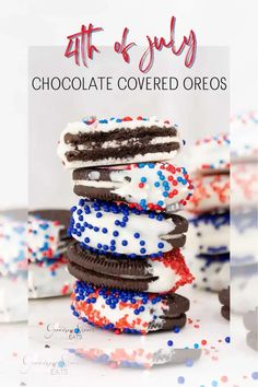 patriotic oreo cookies stacked on top of each other with red, white and blue sprinkles