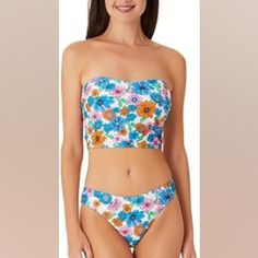 Multicolor Floral Hawaii Sunsets Bandeau Top And Hipster Bikini Bottoms In Size Xl By California Waves. - All-Over Multicolor Floral Print - Bandeau Style Top - Adjustable, Removable Straps - Removable Soft Cups - Side Boning - Longline Style - Hipster Style, Sits At Hips - Moderate Bottom Coverage - Lined - Hand Wash - 82% Nylon / 18% Spandex - Style #Cw22217t, Cw22217b Brand New With Tags! Soft Cup, Hipster Fashion, Bandeau Top, Long A Line, Top Styles, Floral Prints, Blue And White, Brand New, My Style