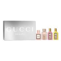 Fragrance Discovery 4-Piece Mini Holiday Gift Set - GUCCI MULTI-LINE 4-MINI COFFRETFragrance FamilyFloralKey NotesGuilty - Geranium, Pink Pepper, Lilac, Peach, Amber, PatchouliBloom - Rangoon Creeper, Tuberose, Jasmine BudFlora Gorgeous Gardenia - Pear Blossom, White Gardenia, Jasmine, Brown Sugar PatchouliFlora Gorgeous Orchid - Vanilla Duo, Vanilla Orchid, Ozonic AccordIncludesGuilty Pour Femme Eau de Parfum (0.16 oz)Bloom Eau de Parfum (0.16 oz)Flora Gorgeous Gardenia Eau de Parfum (0.16 oz)F Rangoon Creeper, Jasmine Brown, Gucci Fragrance, Hello Kitty Decorations, Pear Blossom, White Gardenia, Vanilla Orchid, Gift Sets For Women, Fragrance Set