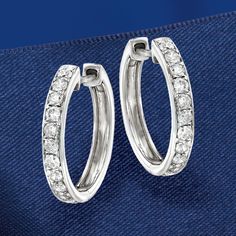 Ross-Simons - .50 ct. t. w. Diamond Hoop Earrings in 14kt White Gold. 5/8". These hoop earrings are the glittering addition your wardrobe needs. Featuring .50 ct. t. w. round brilliant-cut diamonds, this pair is subtle enough for everyday but still fancy enough for nights out. Shines in 14kt white gold. Hanging length is 5/8". Hinged post, diamond hoop earrings. Diamond birthstones are the perfect gift for April birthdays. Diamond Birthstone, Fine Jewelery, Earrings Diamond, White Gold Jewelry, Diamond Hoop Earrings, Huggie Hoop Earrings, Round Brilliant Cut Diamond, Free Jewelry, Round Brilliant