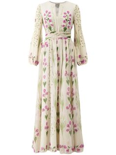 white/multicolour silk all-over floral print round neck front tie fastening keyhole neck long sleeves fitted waistline floor-length Giambattista Valli, Dresses Png, Georgette Maxi Dress, Giambattista Valli Dress, Embroidered Gown, Ivory Silk, Silk Gown, Silk Maxi Dress, Muslimah Fashion