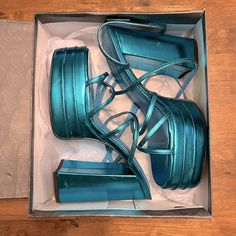 Brand New Never Worn Blue Strap Platform Heels Size 10 Blue Round Toe Sandals For Night Out, Blue Sandals With Round Toe For Night Out, Blue Heels For Spring Night Out, Blue Heels For Night Out In Spring, Blue Block Heel Sandals For Party, Blue Pointed Toe Sandals For Night Out, Light Blue Block Heels For Party, Blue Party Sandals With Block Heel, Spring Blue Heels For Night Out