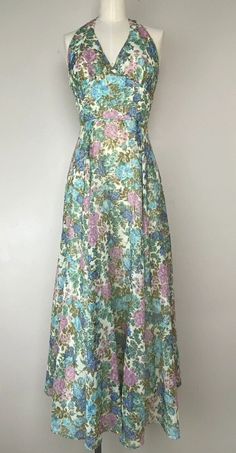 1 / of 11  1970s Arjon Floral Halter Maxi Dress  | eBay 1970s A-line Spring Dresses, Fitted Floor-length Vintage Dress For Spring, Fitted Bohemian Midi Dress With Empire Waist, Vintage A-line Midi Dress For Garden Party, Vintage A-line Midi Dress For Spring, Retro Lined Wedding Dresses, Vintage Floral Print Maxi Dress For Party, Vintage Midi Dress With Fitted Bodice For Summer, Vintage Fit And Flare Midi Length Dresses