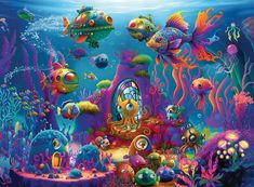 an underwater scene with many different colored fish