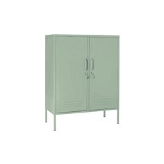 a green metal cabinet with two doors