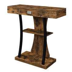 a wooden table with metal legs and a shelf on one side that has two drawers