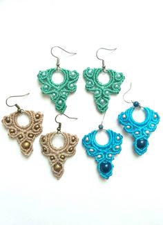 Macrame Earrings with beads.  Keltic design. Choose color. Macrame Earrings, Turquoise Blue, Hippie Style, Hippie Boho, Macrame, Blue Green, Crochet Earrings, Jewelry Earrings Dangle, Dangle Drop Earrings