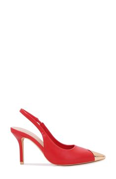 A golden-tipped pointed toe adds glamour to this sleek, slingback pump elevated by a slim, stiletto heel. 3" heel Synthetic upper, lining and sole Imported Red Slingback Pumps With 4-inch Heel For Evening, Elegant Red Slingback Pumps With 4-inch Heel, Red Fitted Slingback Pumps With Heel Strap, Chic Red Slingback Pumps With Padded Heel, Red Fitted Slingback Pumps With Pointed Toe, Red Fitted Slingback Pumps For Spring, Red Slingback Pumps With Padded Heel For Evening, Red Evening Slingback Pumps With Padded Heel, Red Fitted Slingback Heels