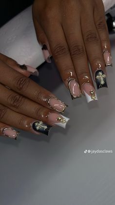 Faith Based Nails, Birthday Nail Black Women, Short Nails With Bling, Hard Nails Designs, Extra Nail Ideas, Rockstar Nails Acrylic, Silver Birthday Nails, Funky Acrylic Nails, Junk Nails Bling