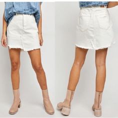 Free People Brea Cut Off Skirt Forever Essential In A Classic Denim Fabrication, This Timeless Mini Skirt Is Featured In A High-Rise Silhouette With Raw Bottom Hemline For A True Live-Inlook. Size:31 Machine Wash Cold Import Cotton 5 Pocket Style Button Fly Closure Color: Off White Distress Jeans Skirt Msrp $78 D1 White Cotton Mini Denim Skirt, Chic White Cutoff Denim Skirt, White Frayed Hem Mini Denim Skirt, White Denim Mini Skirt With Frayed Hem, White Mini Denim Skirt With Pockets, White Denim Mini Skirt With Pockets, Trendy White Cutoff Denim Skirt, White Frayed Hem Skirt For Spring, White Skirt With Frayed Hem For Spring